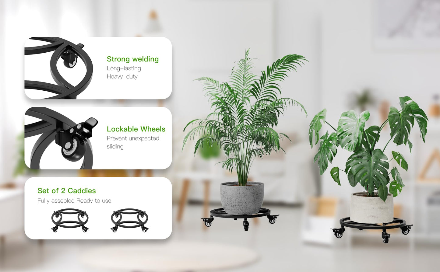 Zhongma 2 Pack Dia.18.1" x 3.5" H Round Plant Caddy with Wheels, Fully Assembled, Heavy Duty Construction, 300 Lbs Capacity, Load-Bearing Wheels with Brakes, No Installation Required