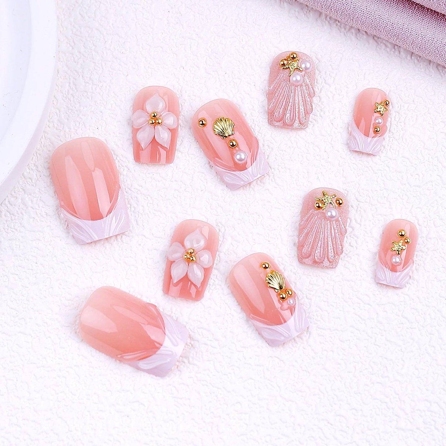 French Tip Press on Nails Medium Square Fake Nails with White Flower Pearl Gold Stars Designs Glossy Nails Press ons Summer Glue on Nails Cute Acrylic Nails Artificial Stick on Nails for Women