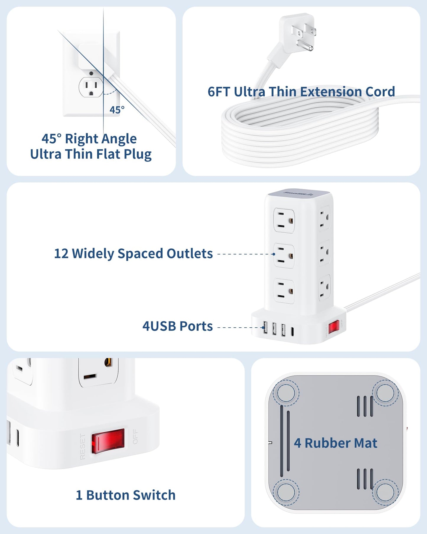 Extension Cord with Multiple Outlets, SMALLRT Flat Plug Surge Protector Power Strip Tower with USB 12 AC Outlets, 6.5FT Ultra Thin Extension Cord Outlet Extender for Home Office, Overload Protection