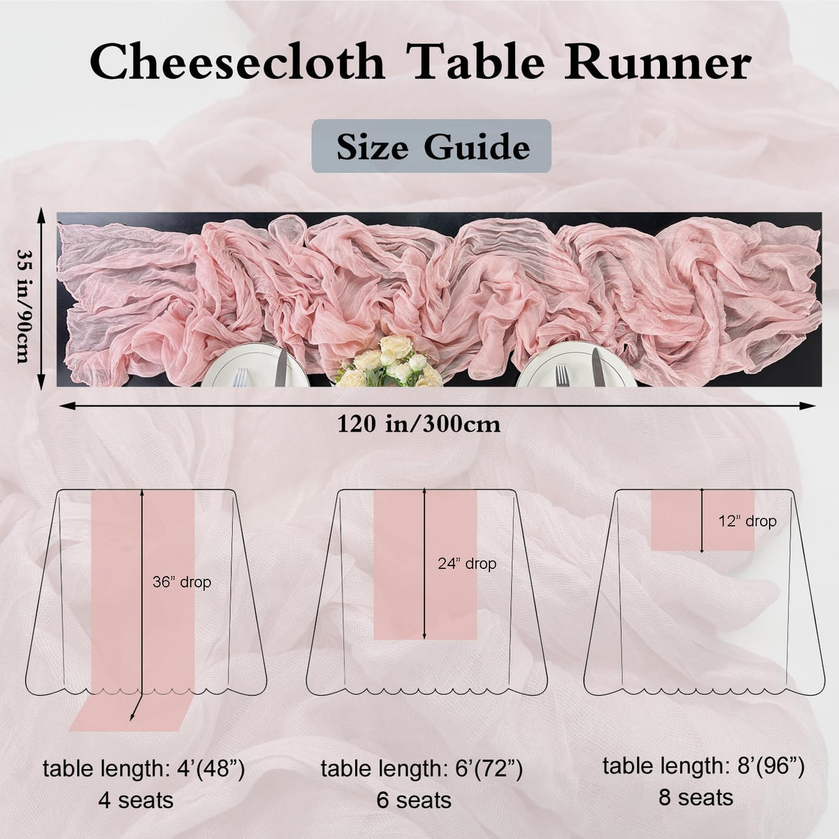 Booque Valley 6 Pack Dusty Pink Cheesecloth Table Runner 10ft Super Soft Boho Wrinkled Gauze Sheer Cloth for Baby Shower Baptism Birthday Party Wedding Centerpiece Table Decoration, 35x120 Inch