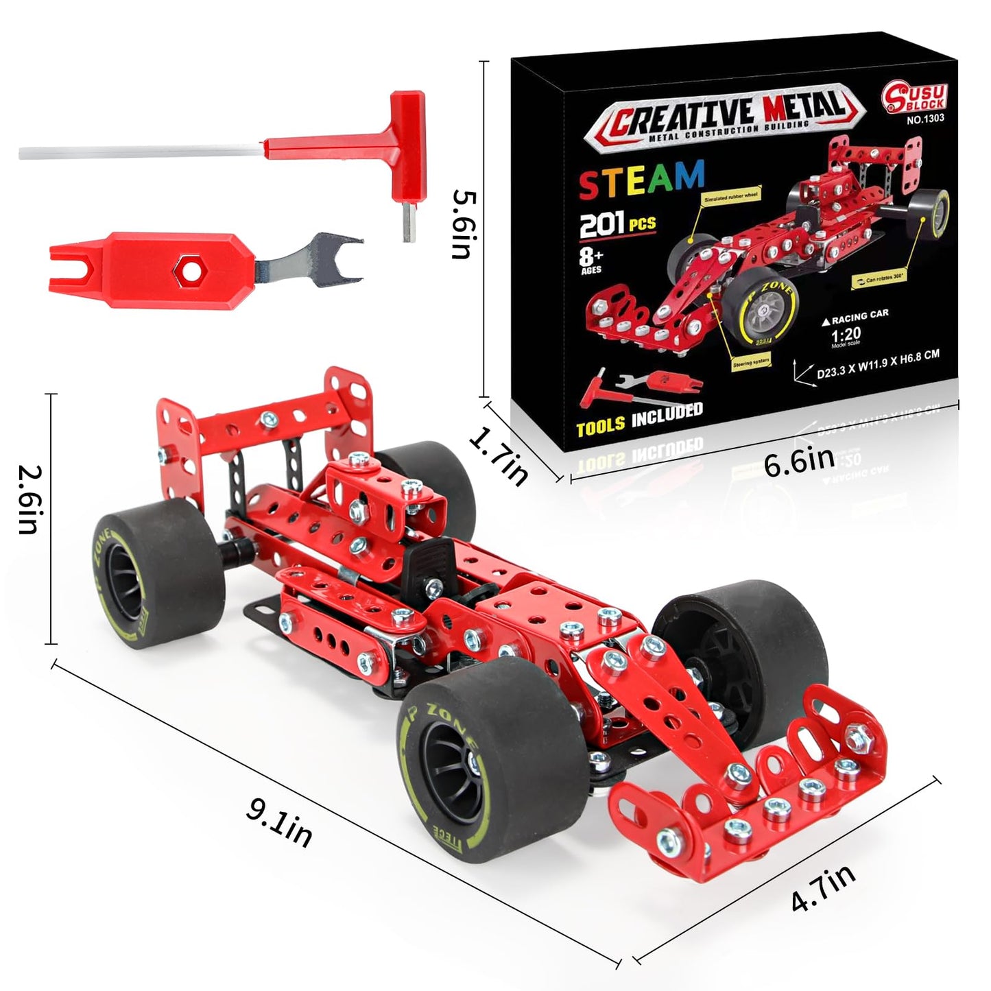 BESTYMXY Building Kit Car Model, 1:20 Scale Race Car Metal Model STEM Project Building, Assembly Toy Set STEM Projects Toys for Boys 8-12, Red Vehicle DIY Assembly Metal Model