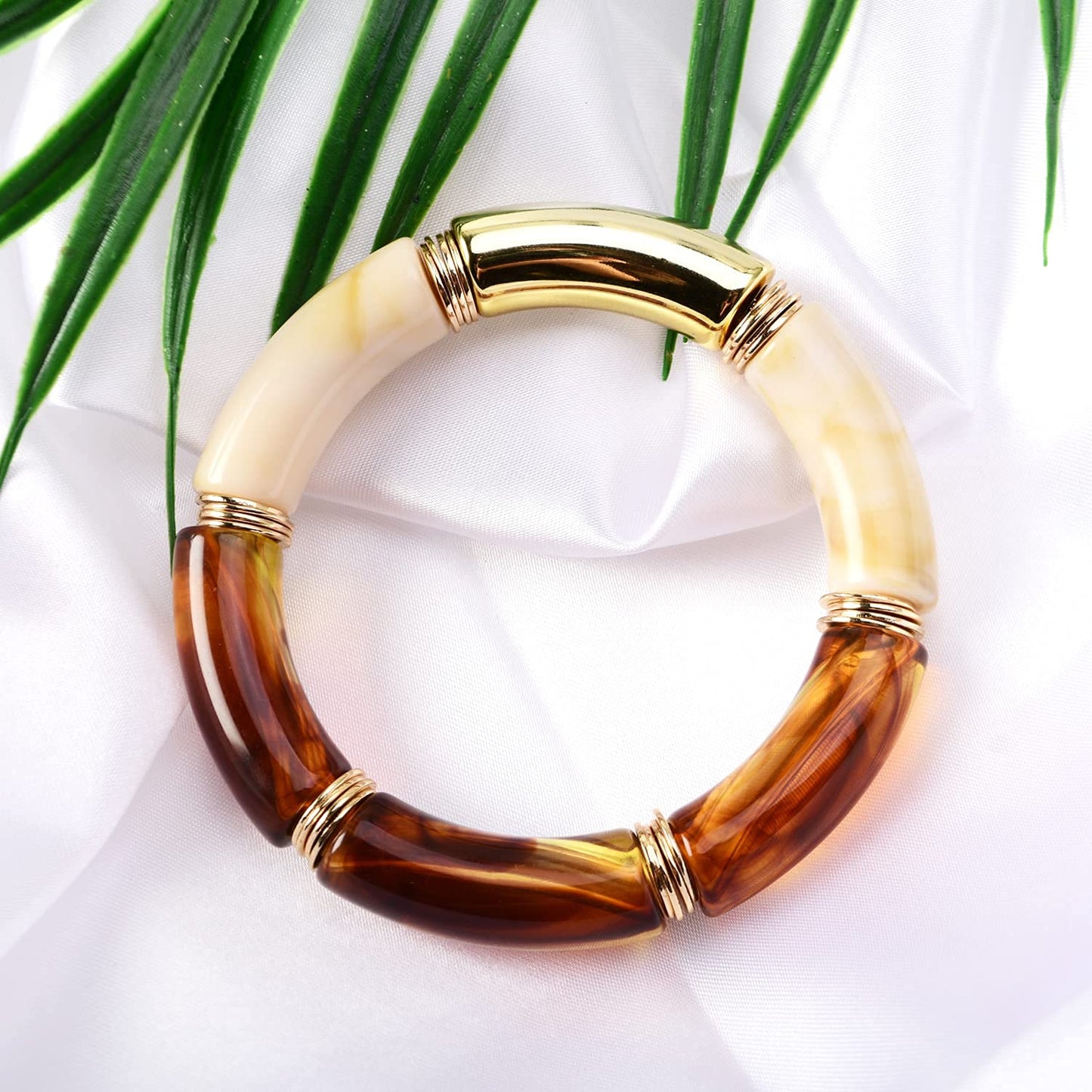 GOOJIDS Simple Beaded Gold Plated Bangles Bracelet Chunky Bamboo Tube Curved Stacking Clear Acrylic Colorful Beads Stretchable Gold Plated Bracelets Set For Women