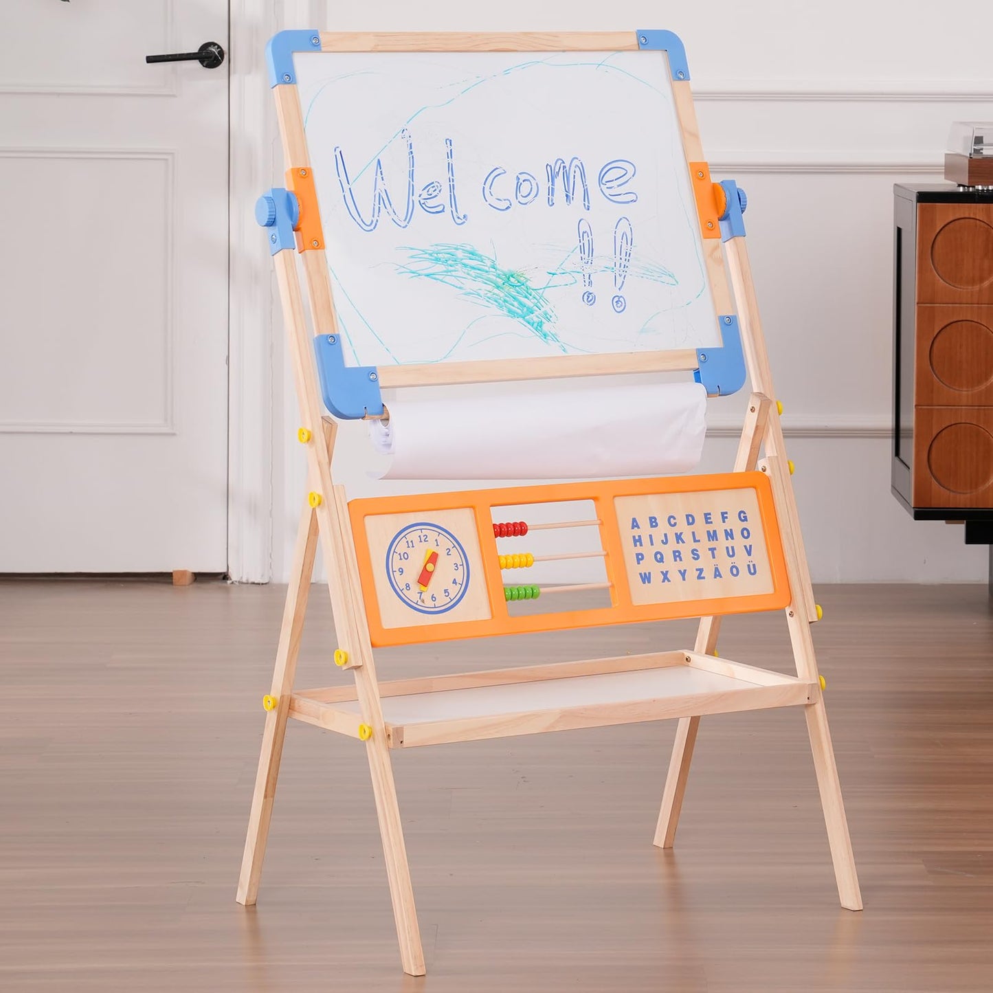 Asweets 3 in 1 Kids Art Easel, Magnetic Whiteboard/Chalkboard with Drawing Paper Roll, Abacus/Clock/Alphabet Chart - Educational Toy for Toddlers Preschoolers (3-8)