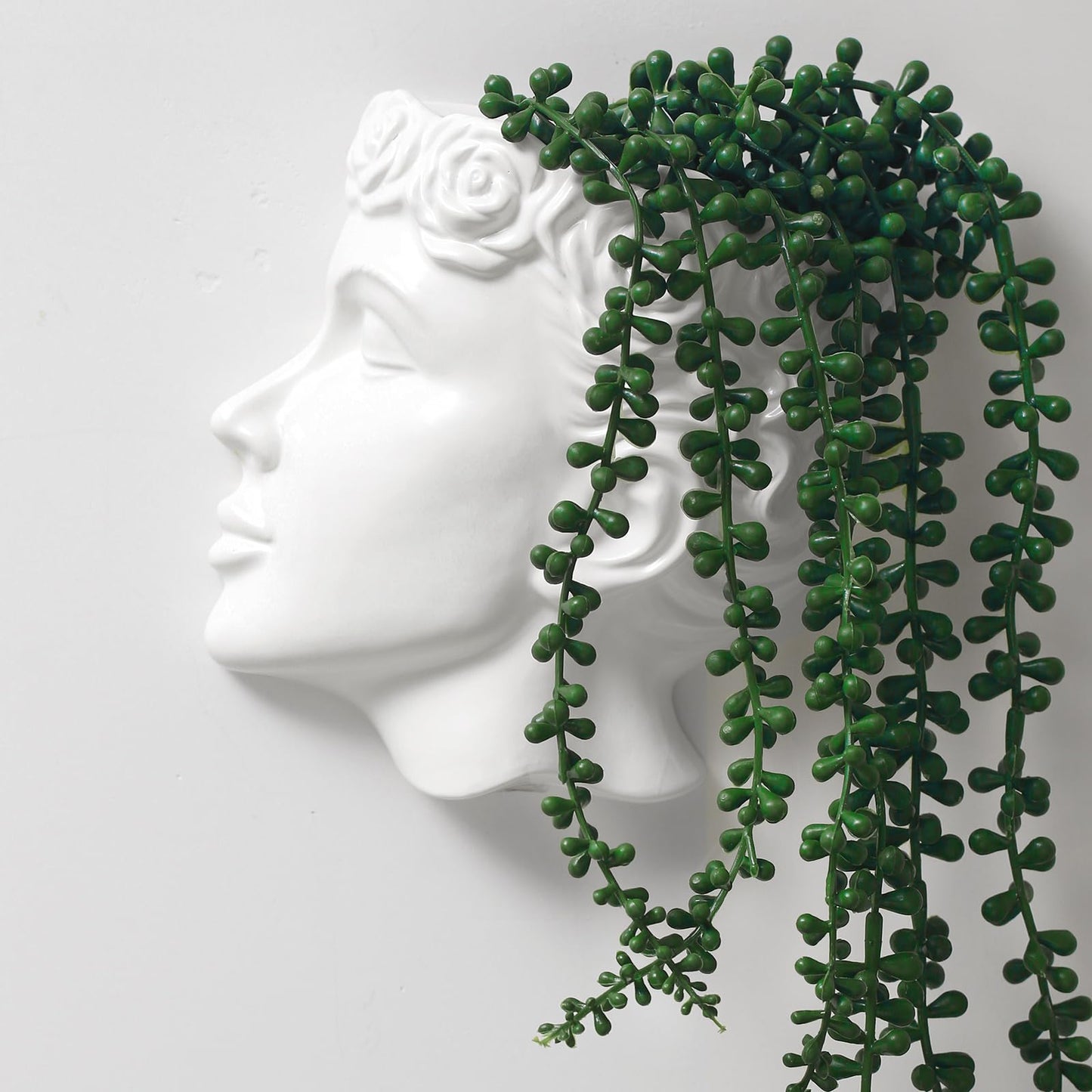 Yuccasly Side-Face Ceramic Planter – Glossy White, Wall-Hanging, with Drainage – 6.7"" Artistic Female Face Vase
