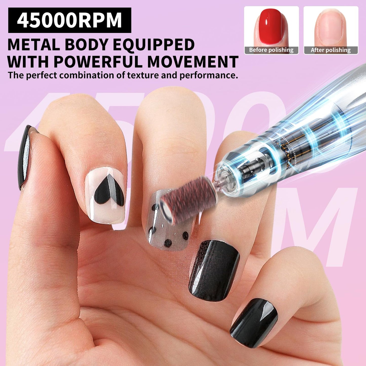 Moskany Professional Electric Nail Drill Kit 45000RPM with Bits and Base Pink Portable Rechargeable Cordless Nail E- File Machine for Acrylic Gel Powder Nails and Manicure Pedicure Toenail Tool Set