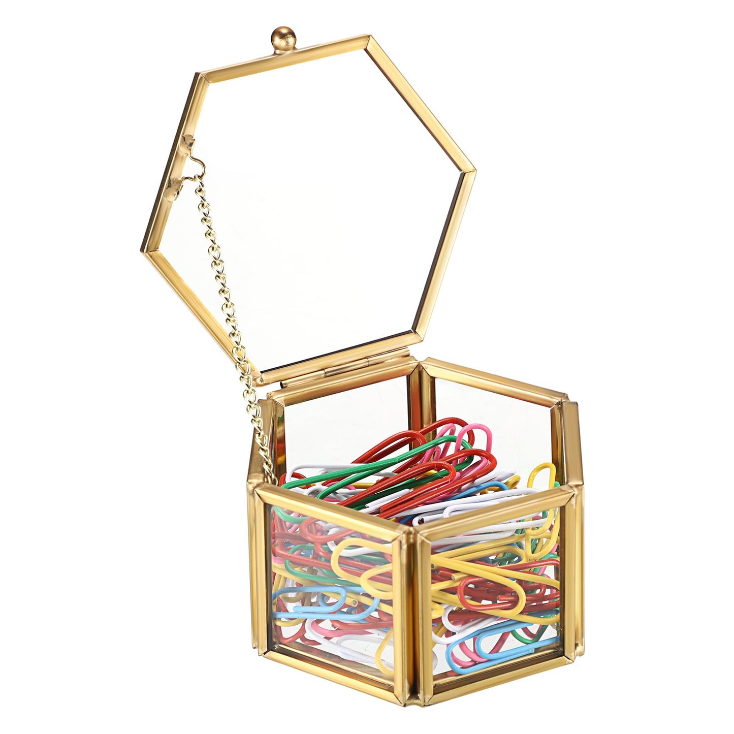 BTSKY Golden Glass Paper Clip Holder, Compact Hexagon Binder Holder for Desk, Clear Elegant Paper Clip Dispenser, Decorative Mini Storage Box Small Office Supply Accessory Organizer