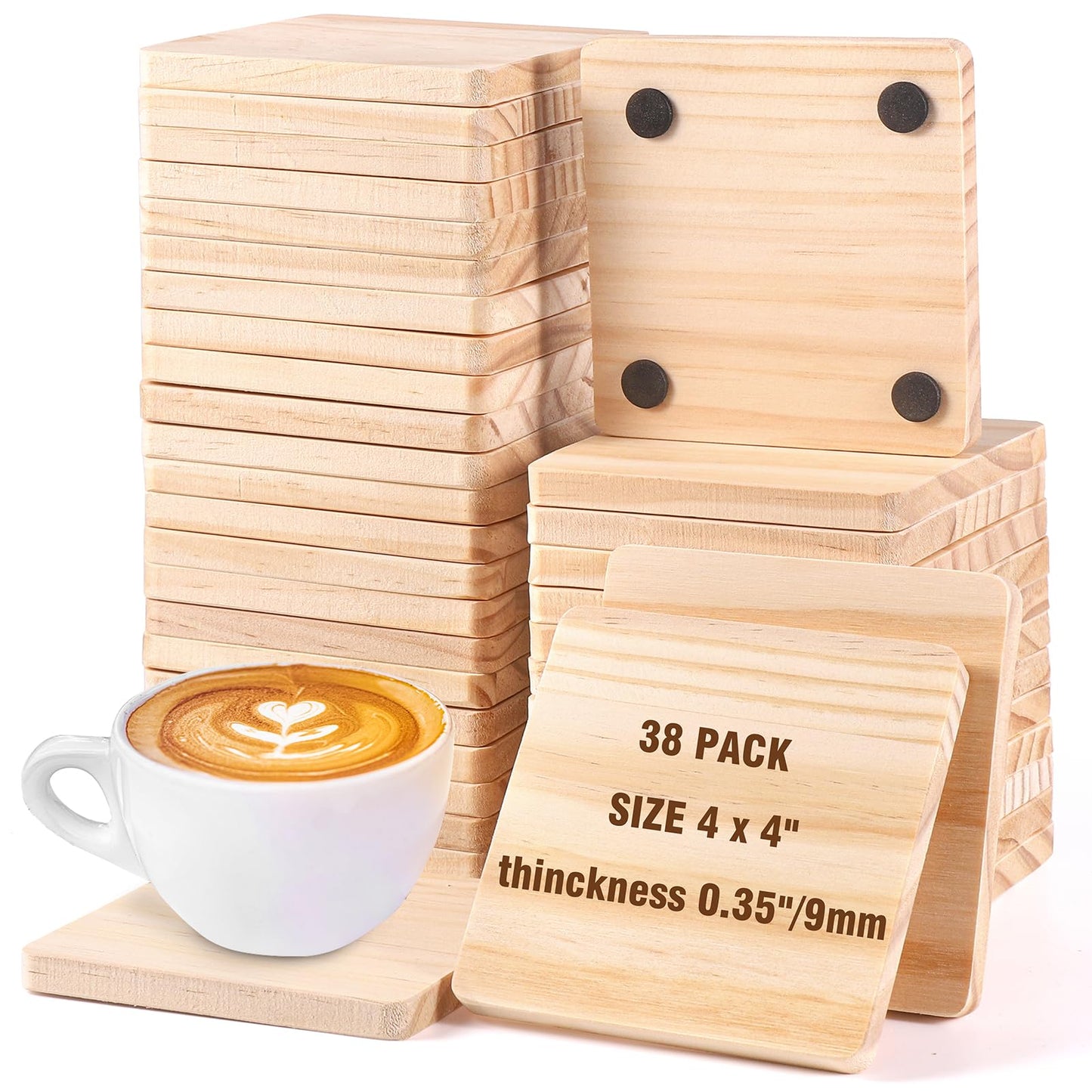 38 Pack Unfinished Wood Coasters - 4 Inch Square Blank Wooden Coasters with Non-Slip Silicon Dots for DIY Crafts, Architectural Models, Drawing, Painting, Wood Engraving