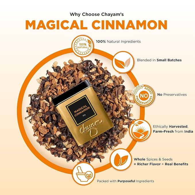 CHAYAM Magical Cinnamon Tea Tin – Green Tea Loose Leaf, 50g (1.76 oz) Each – With Sweet Clove, Star Anise & Orange Peel – Spiced Herbal Tea – Lightly Caffeinated – Gift Tin