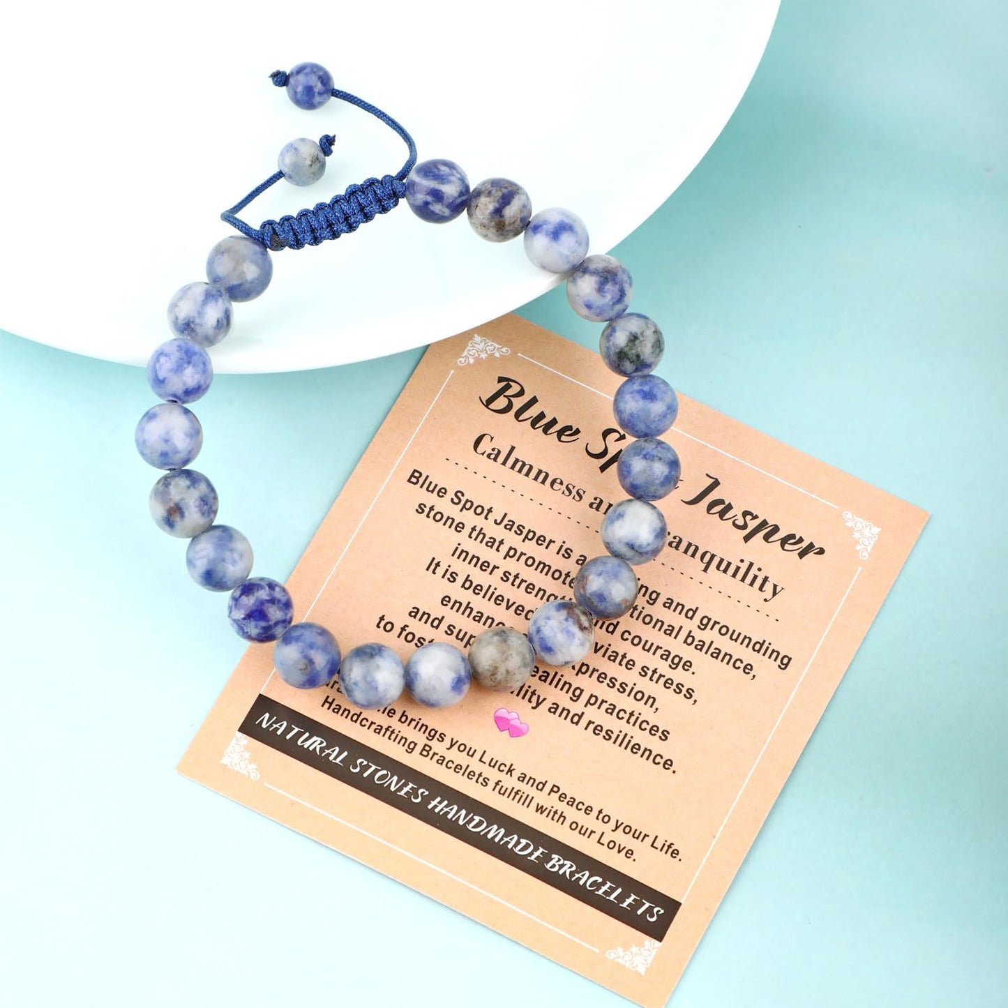 AD Beads 4mm Blue Spot Jasper - Calmness and Tranquility - Handmade Natural Stone Crystal Bracelet with Adjustable Macrame String - Yoga Healing Power Energy Gifts for Men and Women