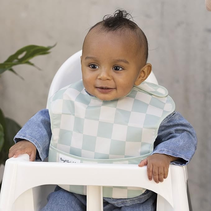 Tiny Twinkle Mess-Proof Baby Bibs for Eating | Waterproof, Wipeable Toddler Bibs with Catch-All Pocket | Feeding Bibs for Girls & Boys(3 Pack,Checkers Boy)