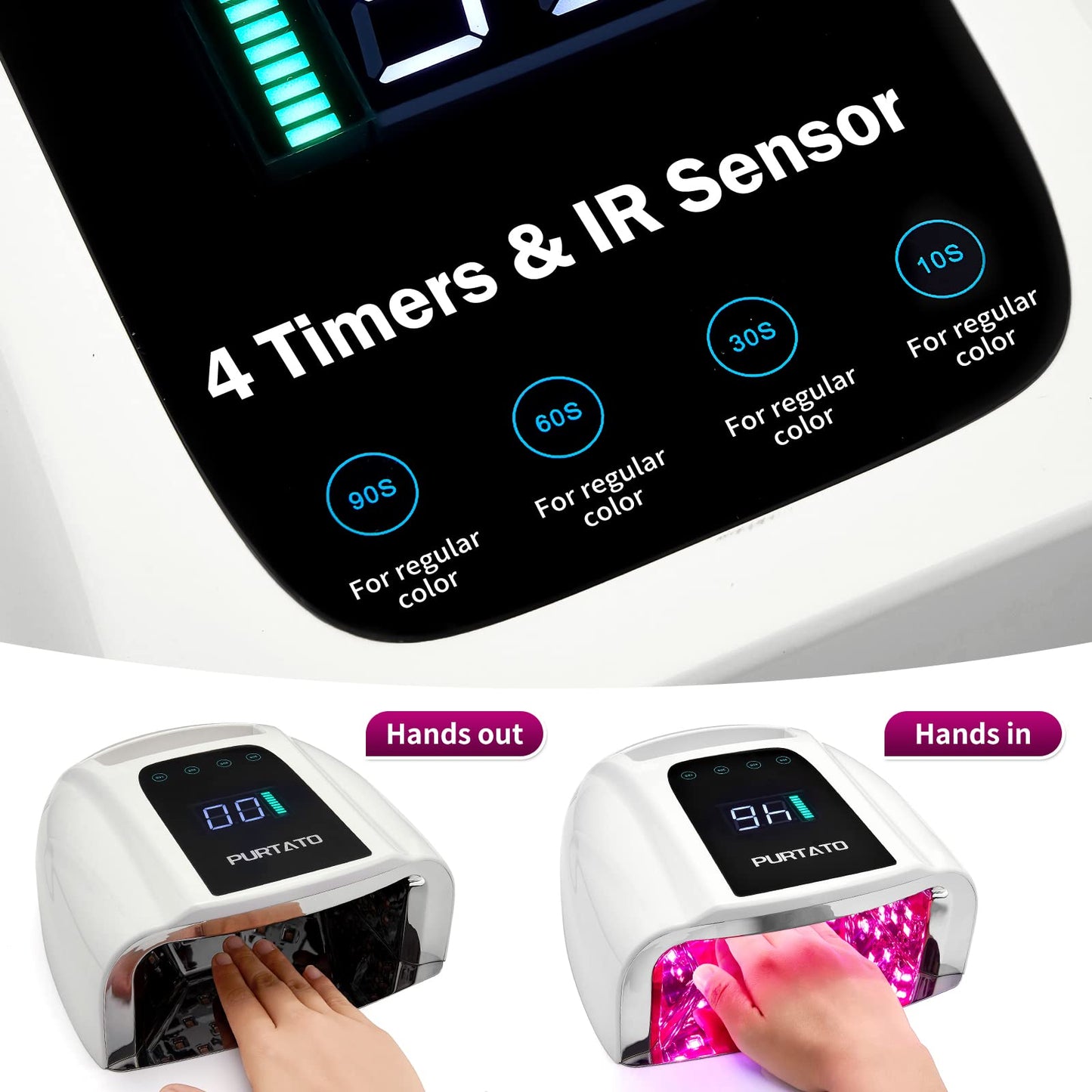 PURTATO Professional Rechargeable 96W UV LED Portable Cordless UV Light for Nail Lamp Machine with Removable Stainless Steel Bottom,4 Timer Setting and Smart Sensor Nail Dryer (White)