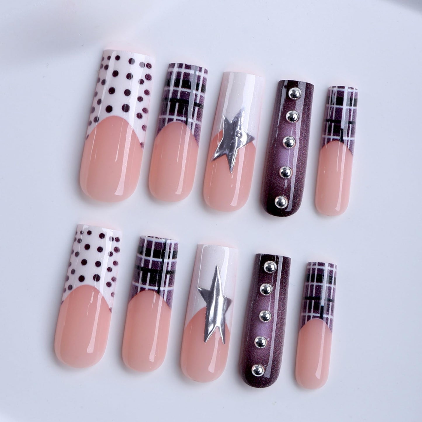 Long Press on Nails Square Fake Nails Brown Acrylic Nail Press Ons Seeneey Stars and Silver Charm Designs Rhinestones Stick on Nail for Women 24pcs