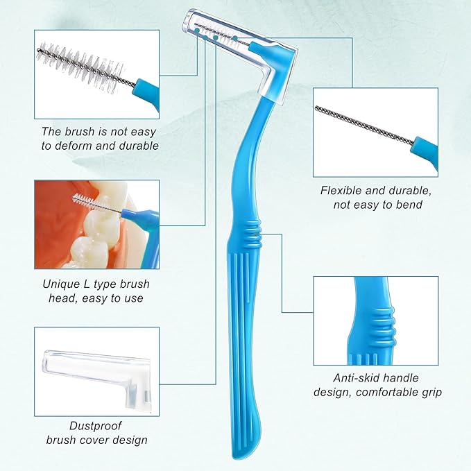 Honeydak 50 Pcs L-Shaped Interdental Brushes 5 Sizes Dental Braces Toothbrush Soft with Non-Slip Handle Angled Head Tooth Picks Floss Sticks Dental Floss Brushes for Oral Cleaning