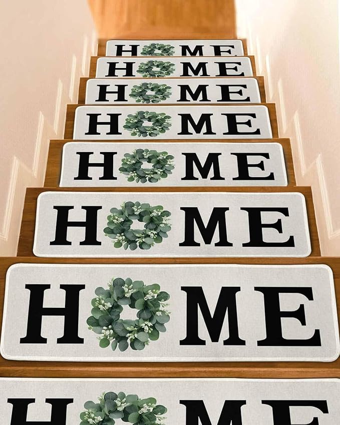 Carpet Stair Treads for Wooden Steps 15 Pack, Home Green Eucalyptus Leaves Garland Soft Peel and Stick Stair Treads, Retro Linen Non Slip Carpet Mat for Kids Elder Pet