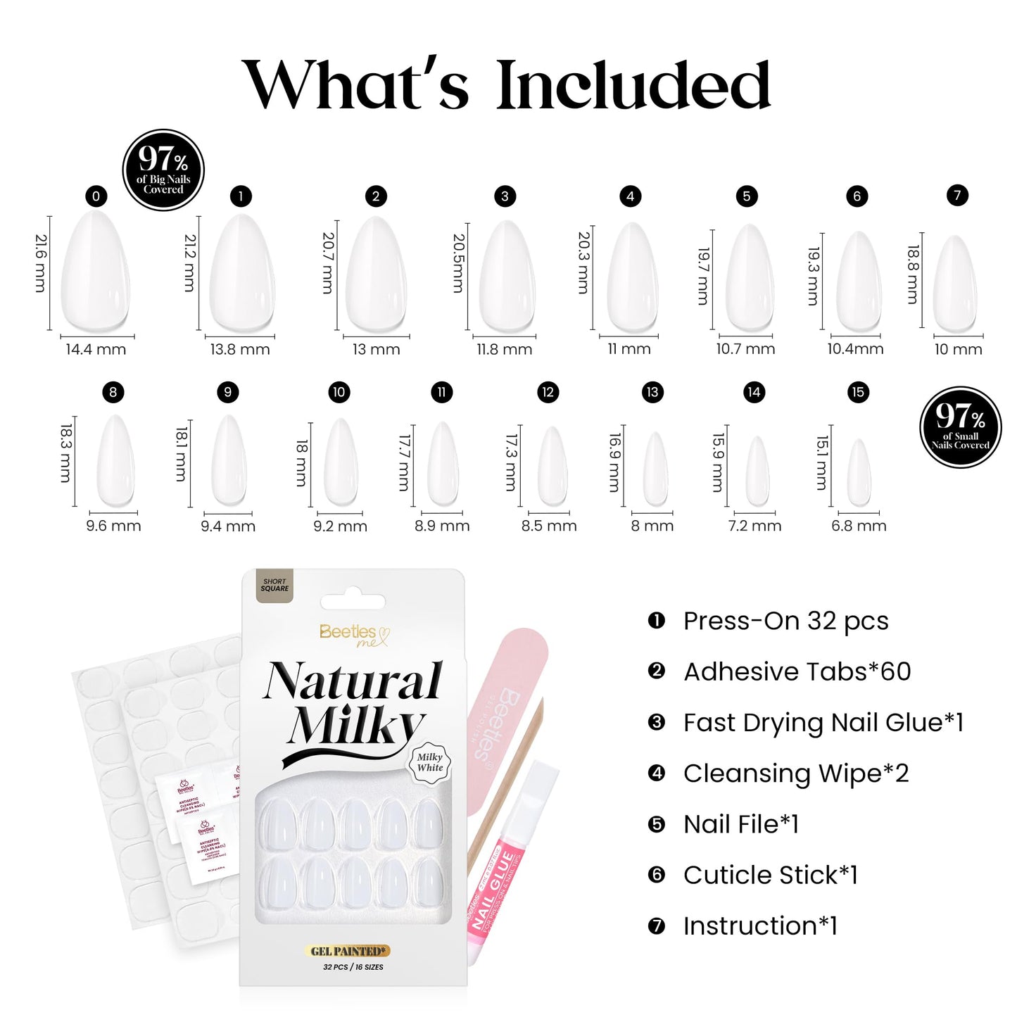 Beetles Natural Milky White Short Oval Press On Nails - White Press On Nails Short Oval with Nail Glue, Salon Quality in 16 Sizes - 32Pcs Soft Nail Gel Nail Kit Gift for Women