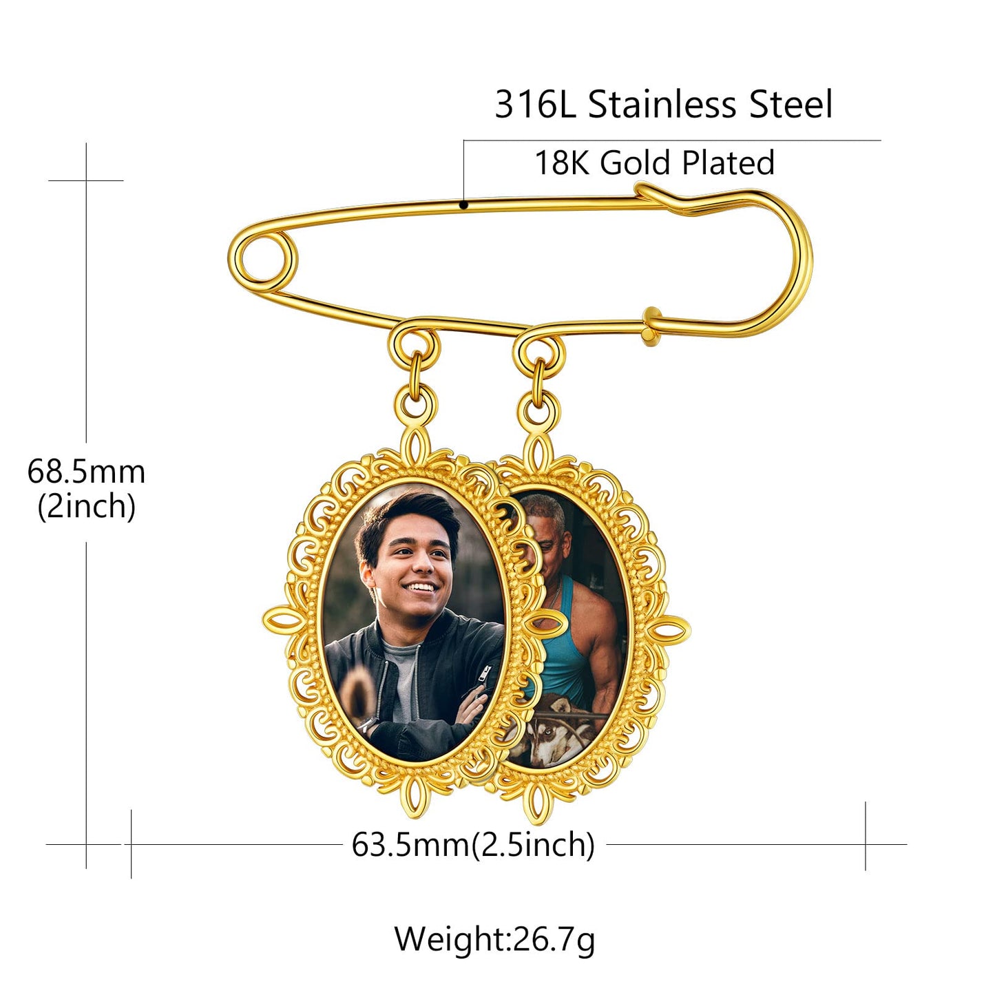 Custom4U Memorial Charm for Wedding Bouquet Oval Shaped Memory Charms Brooch Pins Funeral Boutonniere with 2 Pictures Engraved