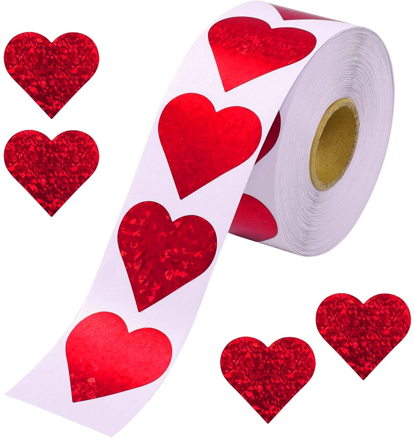 1.5" Glitter Red Heart Stickers and 1.5" Glitter Green Heart Stickers, 2 Roll 1000 Piece