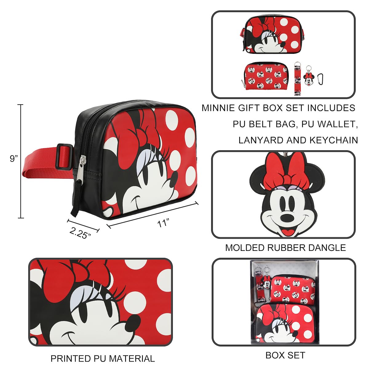 Bioworld Disney Minnie Mouse Belt Bag Wallet Lanyard and Keychain 4-Piece Gift Set