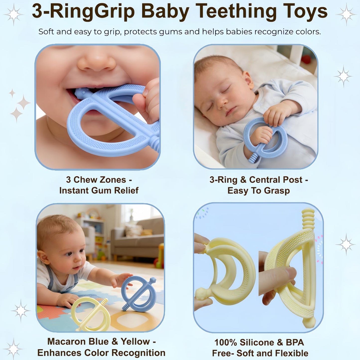 uwsic 2-Pack Baby Teething Toys, Food Grade BPA-Free Silicone Baby Teether for 3-18 Months, Ring-Shaped Teething Toy for Babies, Multi-Textured Choke-Proof Easy Grip Teether for Infants (Khaki&Blue)