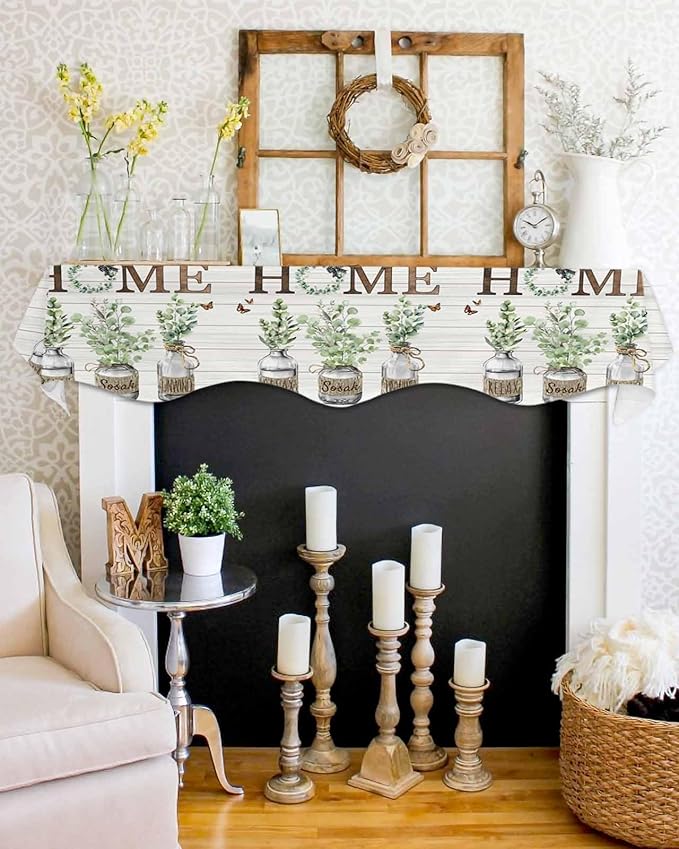 Eucalyptus Leaves Fireplace Mantel Scarf Table Runner, Farmhouse Botanical Plants Wooden Grain Winter Garland Mantel Top Tablerunners Dresser Scarves Decor for Windows Party Living Room 70''x17''