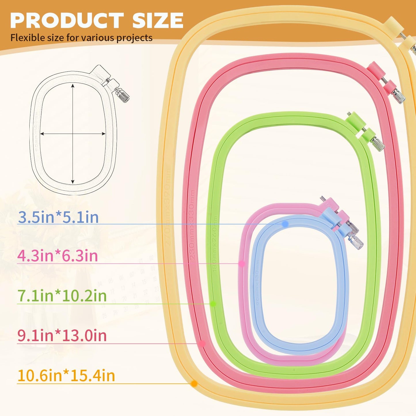 QLOUNI 5 Pack ABS Rectangular Embroidery Hoops Set, Cross Stitch Hoops 5 Inch 6 Inch 10 Inch 12 Inch 15 Inch Plastic Candy Color Embroidery Hoop for DIY Embroidery Craft