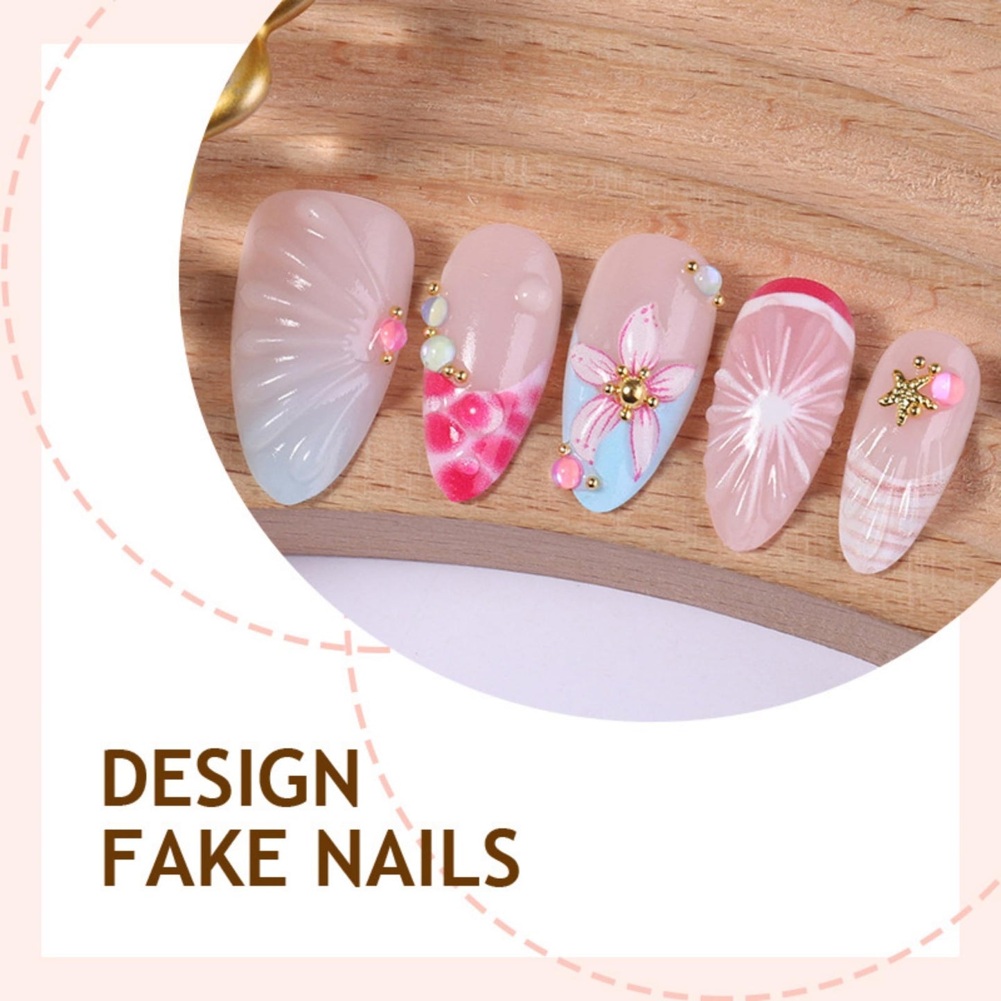 Long Press on Nails Stiletto Fake Nails Pink Artificial Nail 3D Flower Pearl Rhinestone Turquoise Beach Glossy Design Blue French Tip Stick on Nail for Women 24pcs