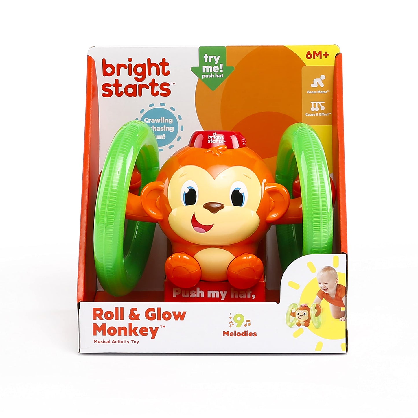 Bright Starts Roll & Glow Monkey Crawling Baby Toy with Lights and Sounds, Tummy Time Toy, 6 Months and up