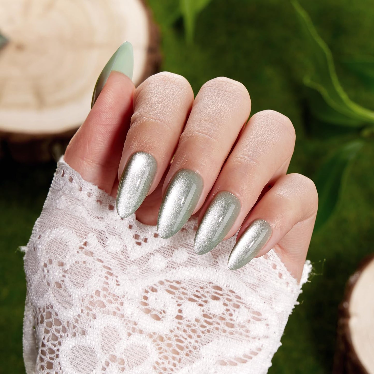 VSALON Almond Medium Press On Nails, Green Holographic Summer Cat Eye Chrome False Nails, Salon Quality Shimmer Fake Nails Kit - 32 PCS Stick on Nails in 16 Sizes with Glue & Cuticle Oil