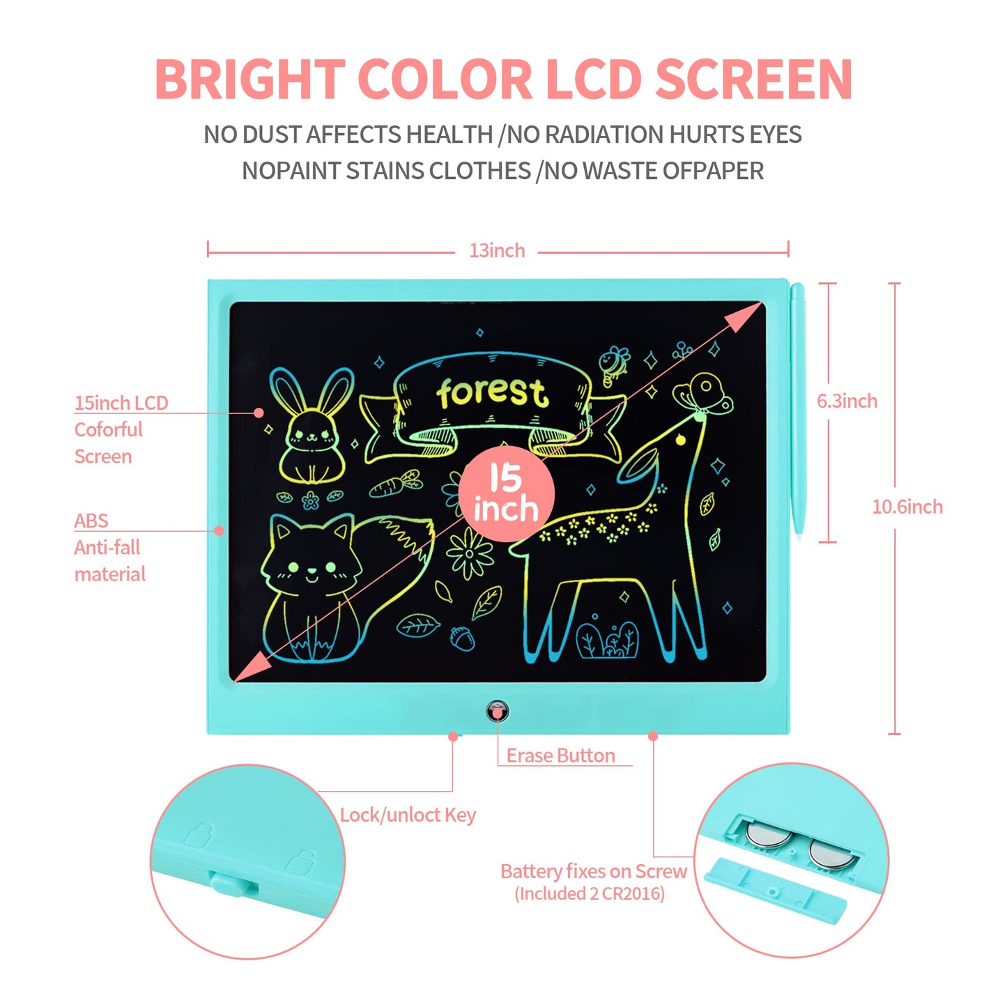 LCD Writing Tablet for Kids, 15 Inch Colorful Electronic Doodle Board for Kids Age 3+ Toys Christmas Birthday Erasable Drawing Tablet Toddler Learning Toys