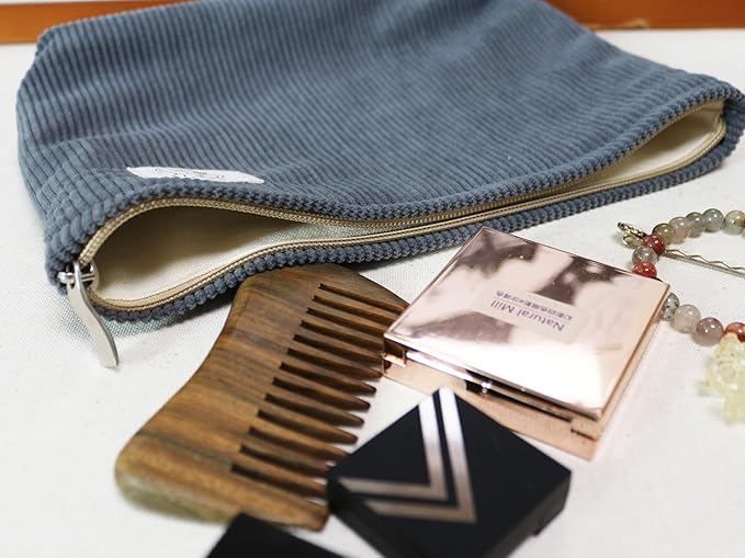 HAPPYHEIDI Dark Gray Corduroy Makeup Bag Cosmetic Toiletry Travel Pouch, Make Up Accessory Purse Organizer, Canvas Lined