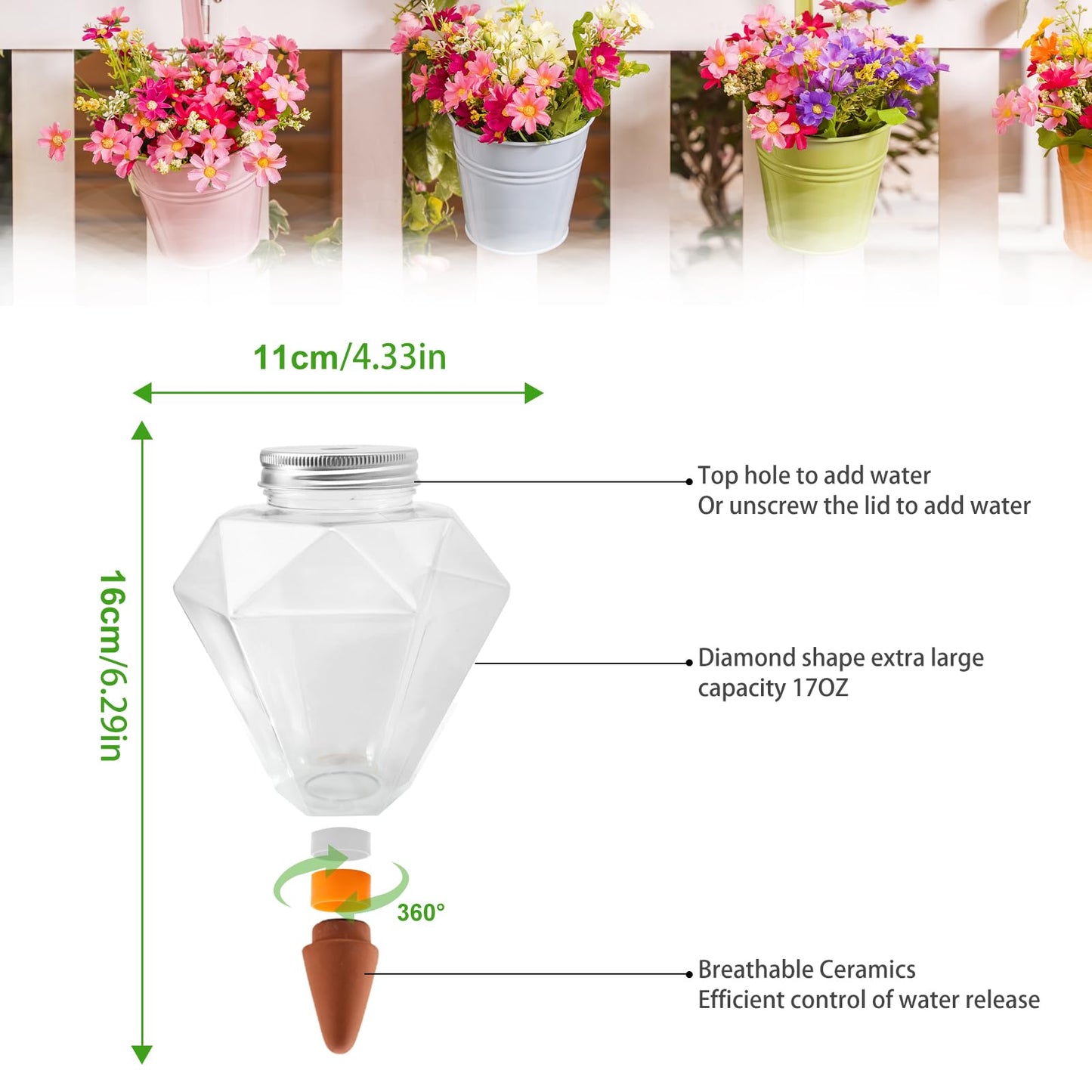 Ansberta Watering Globes XL - 2 Pcs Diamond Plastic Shape Plant Watering Globes Self Watering Planter Insert 17oz Large for Indoor＆Outdoor Plants Watering Bulbs