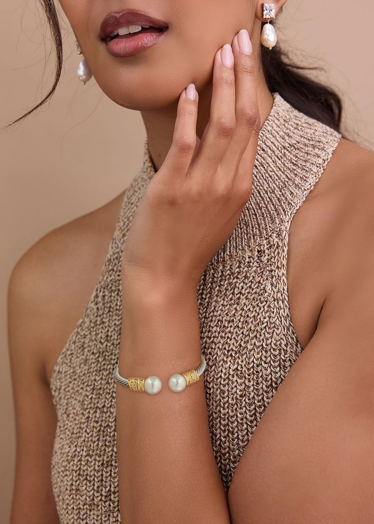 WOWORAMA Silver Cable Wire Cuff Bracelet for Women Two Tone Statement Bangle Bracelet Mixed Metal Chunky Cuff Bracelets Adjustable Jewelry