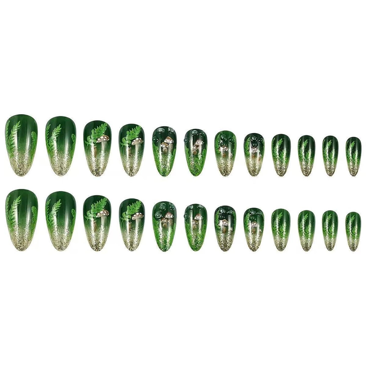 24Pcs Press On Nails Almond Medium Fake Nails With Mushroom Grass Design Green Stick On Nails Glitter Water Droplet Glue On Nails Glossy Full Cover Artificial False Nails For Women Nail Supplies