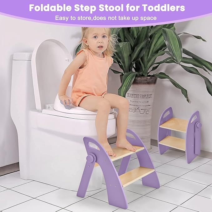Wooden Step Stool, 300 lb. Load Capacity, with Safety Non-Slip Pads and Handles, Bamboo Step Stool for Bathroom and Kitchen, Gift for Christmas (Purple)