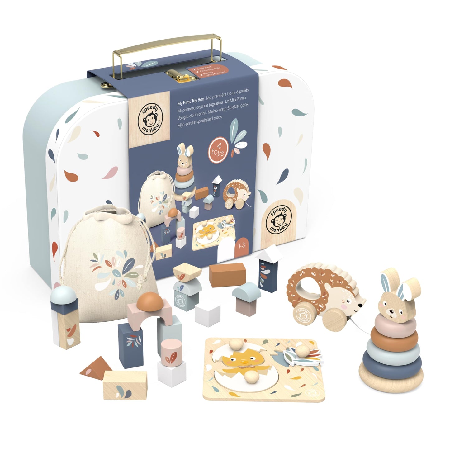 SPEEDY MONKEY Montessori My First Toy Box for Early Learning | Wooden Nursery Toy Set with Blocks, Stacking Rabbit, Chick Puzzle & Pull-Along Hedgehog | for Kids Ages 1+