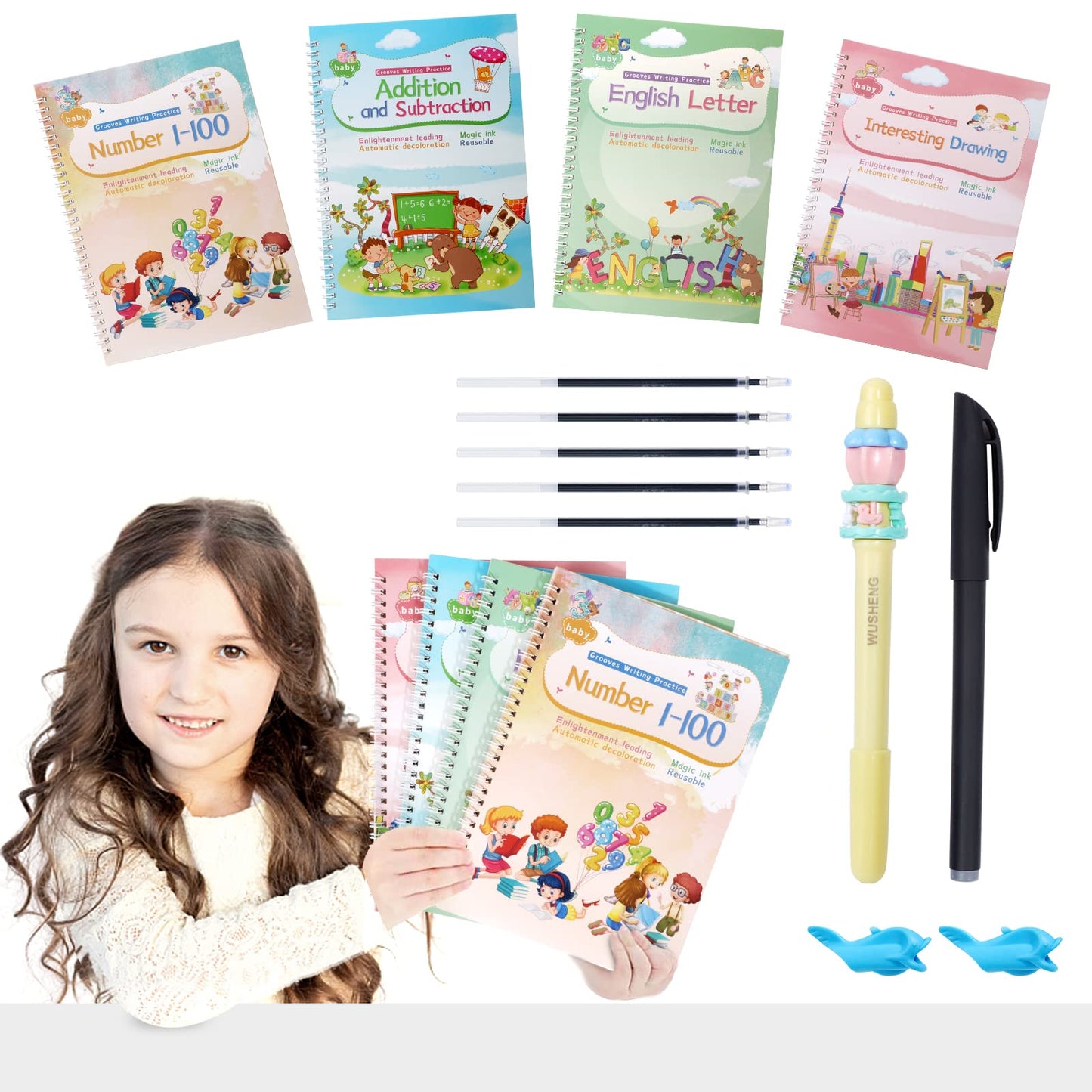 CosyCorner Magical Handwriting Workbooks Handwriting Practice Magic Copybook, Handwriting Aid Magic Pen Reusable Copybook Grooves Template Design for Children (5)