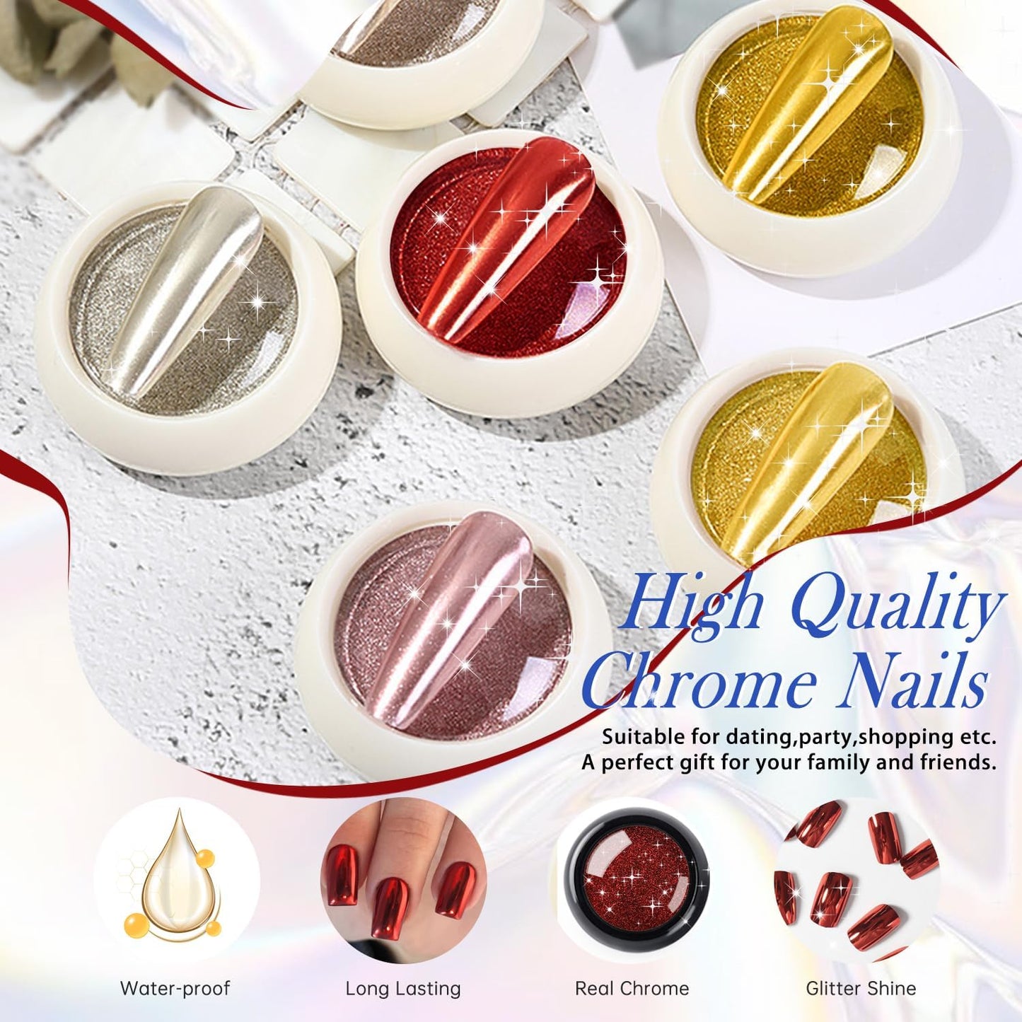 KQueenest Square Medium 24 PCS Press-on Nails, Metallic Red Acrylic False Nails Set, Short Coffin Nails Glue On with Mirror Metal Plating, Comfortable Fit for Women & Girls
