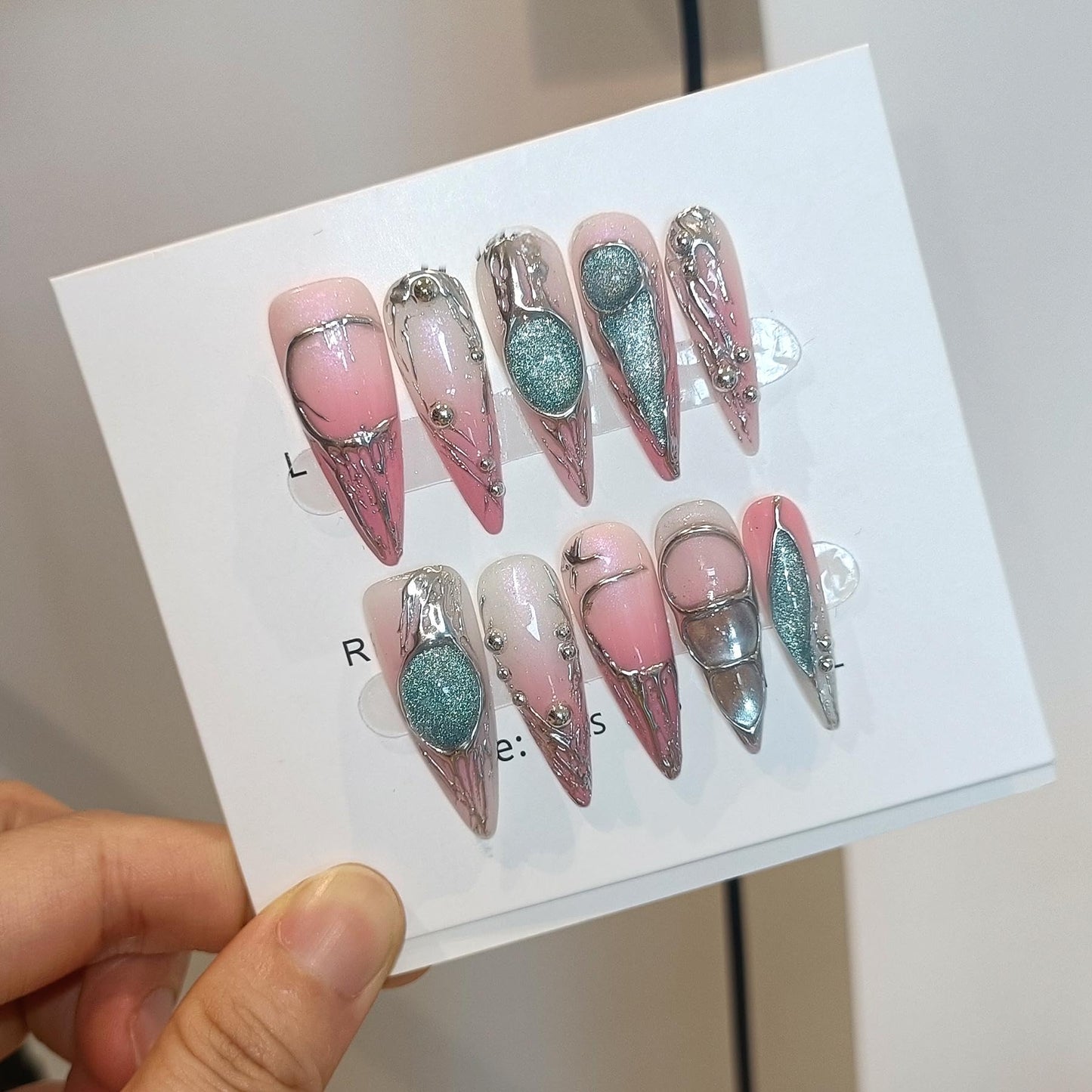 TENPAL Long Stiletto Press on Nails,Pink-Silver Holographic Gradient Hand-Painted Moons Fake Nails with 10pcs Tools,3D Cat Eye Glitter False Nails,Edgy Meteors Design Sweet-Edge Metal Nails(S)