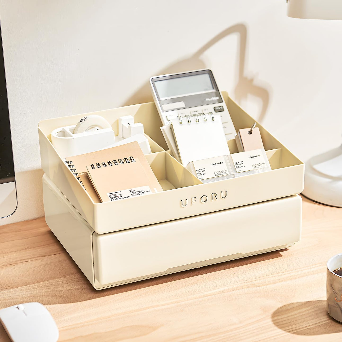 UFORU Desk Organizer with 6 Compartments, 2 Tier Stackable Storage Drawers Plastic Makeup Storage, Office Desk Storage Box, Stationary Sorting Helper