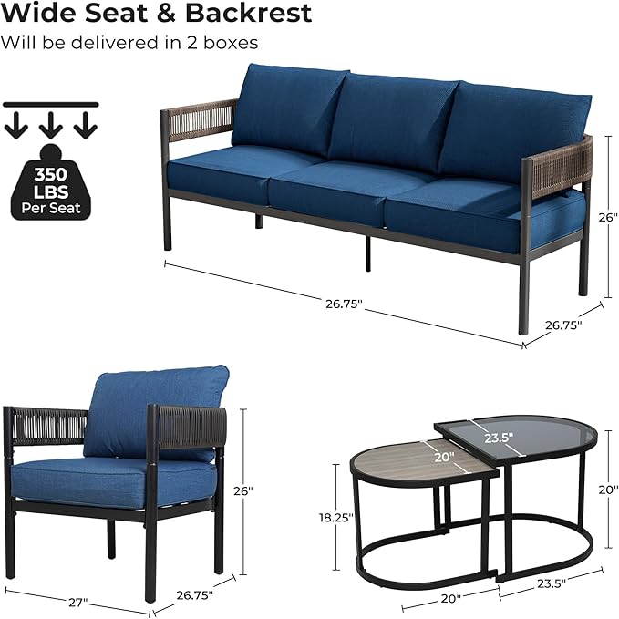 Grand patio 5-Piece Outdoor Furniture Set with 3-Seat Couch, Thick Cushions and Nesting Coffee Tables, Wicker Sofa Conversation Set for Backyard, Peacock Blue