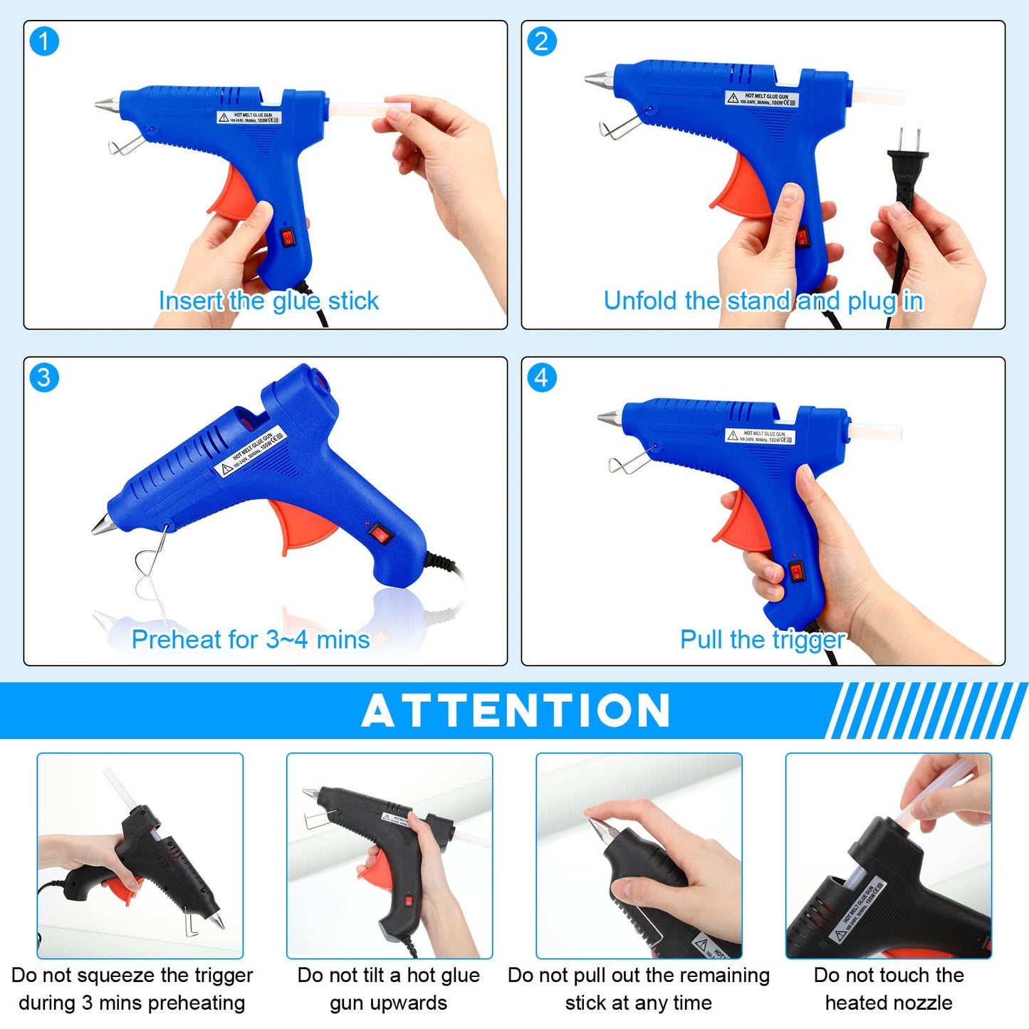 4 Pieces 100w Full Size Hot Glue Gun Heavy Duty Hot Glue Gun Kit for DIY Crafts Projects Home Repair(Blue)
