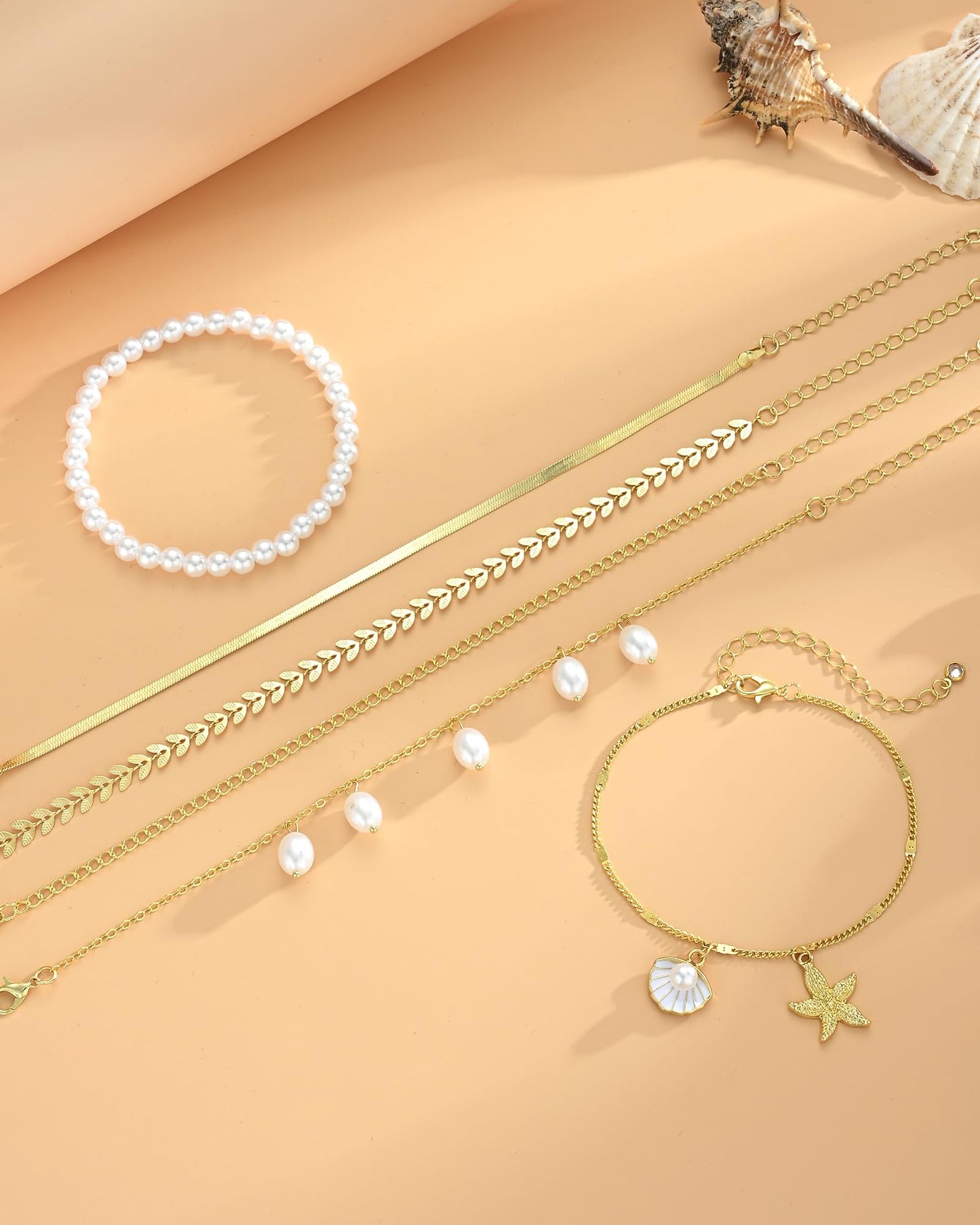 FAXHION Gold Ankle Bracelets for Women Waterproof, Shell Pearl Bead Cuban Link Chain Adjustable Anklets Set, Hawaiian Boho Anklet Beach Jewelry Gift for Women