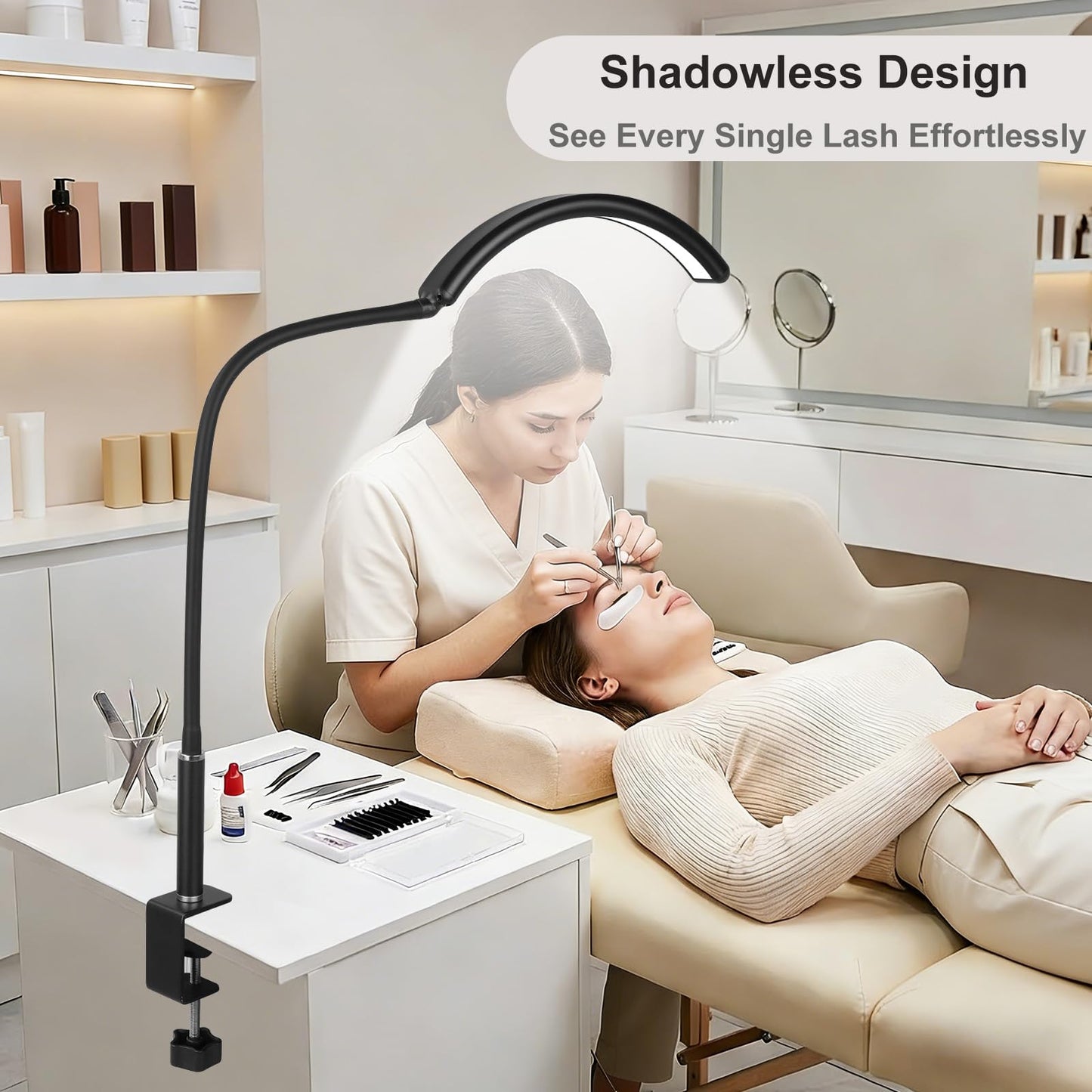 Half Moon Light for Nail Desk - Professional Shadowless LED Manicure Lamp with Clamp, 3 Color Modes & 10 Brightness Levels, Eye-Caring Beauty Lamp for Eyelash Extensions, Tattoo, Estheticians