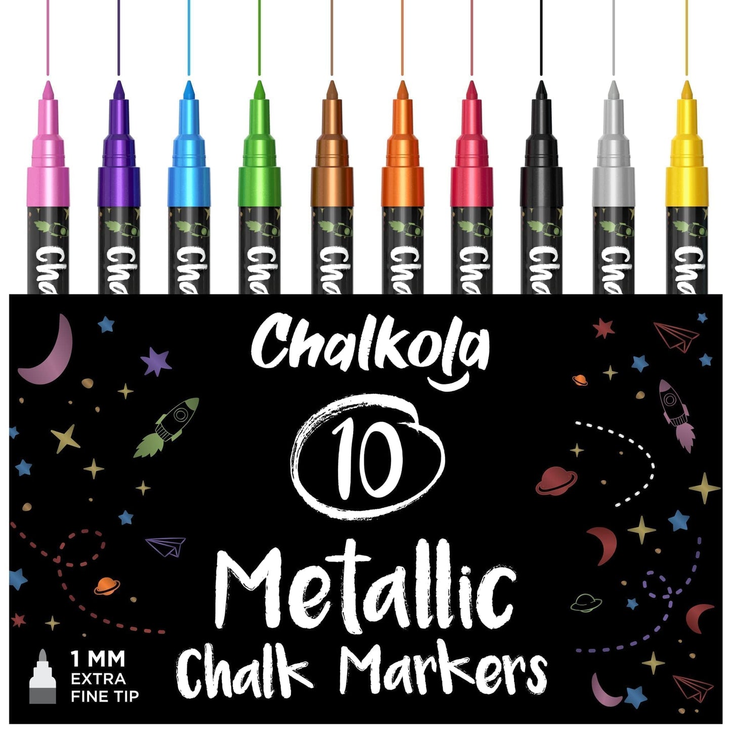 Chalkola Extra Fine Tip Metallic Chalk Markers (10 Pack, 1mm Point) - Liquid Chalk Pens for Chalkboard, Blackboard, Bistro Menu, Car Windows, Glass, Acrylic Board - Thin Erasable Wet Erase Paint Ink
