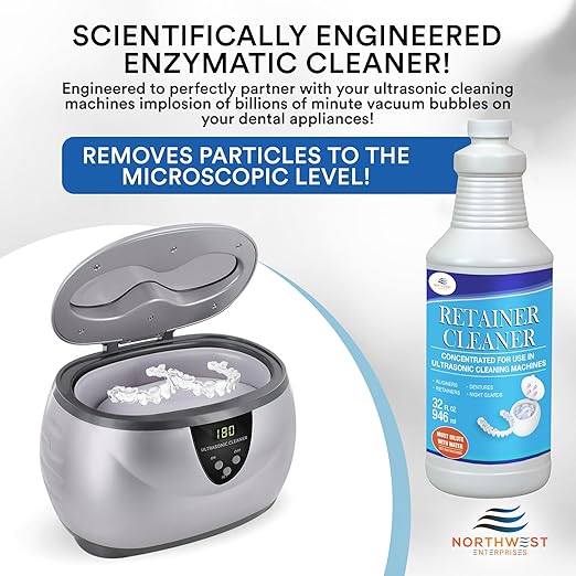NORTHWEST ENTERPRISES Ultrasonic Retainer Cleaner Solution Concentrate - Denture Cleaner for Ultrasonic Machines - Cleans Mouthguards, Invisalign and Nightguards - Odor, Stain & Discoloration Remover
