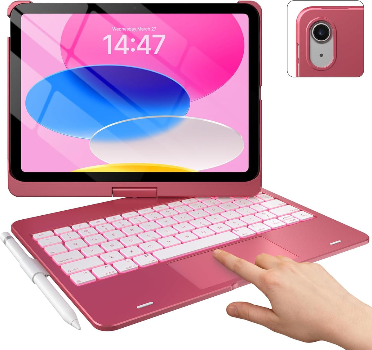 typecase Touch iPad 10th Generation Case with Keyboard (10.9", 2022) and iPad A16 (11th Gen, 2025) – 360° Rotatable, 11-Color Backlit, Multi-Touch Trackpad, Thin & Light (Pink)