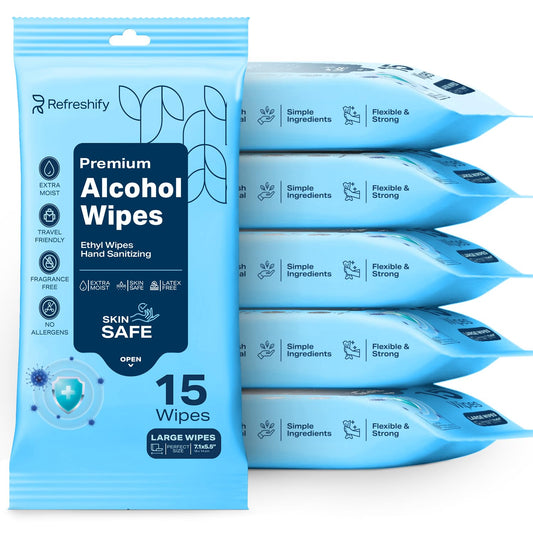 90 Large Alcohol Wipes - 75% Ethyl Alcohol Hand Wipes - 6 Packs of 15 - Fragrance Free, Skin Safe, Latex Free for Travel, Nails