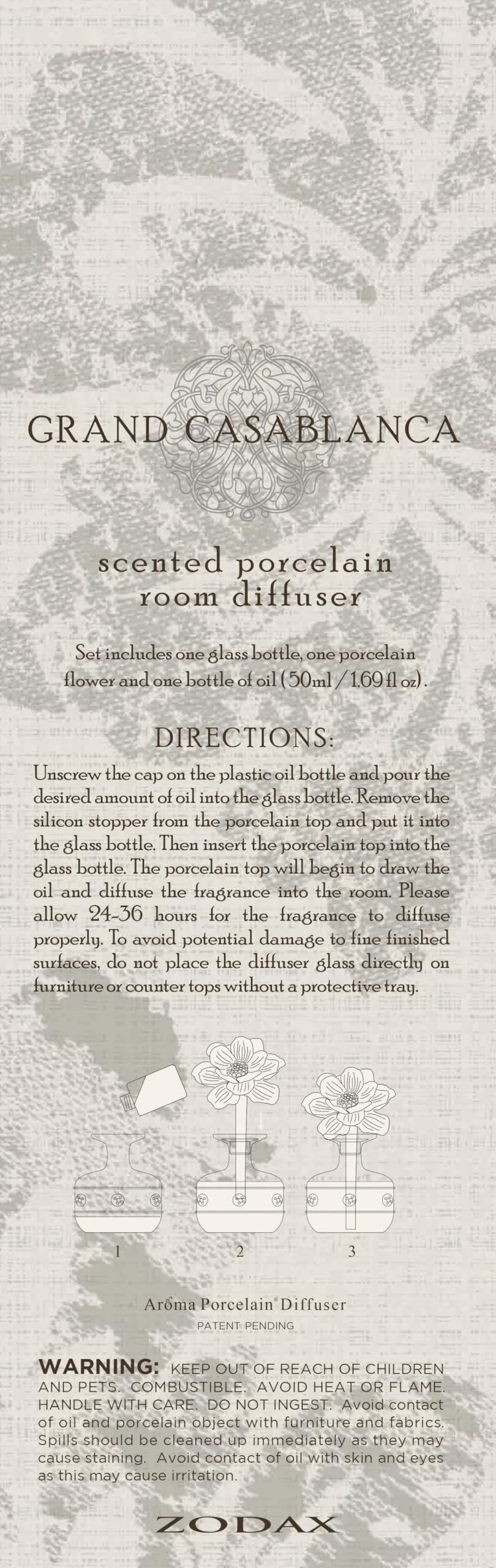 Zodax Grand Casablanca Reed Diffuser - Home Fragrance Oil Diffuser Ideal for Living Room, Bathroom, Office - Porcelain Flower Design - Gift Box Packaging Included - Moroccan Peony - 1.69 Oz.