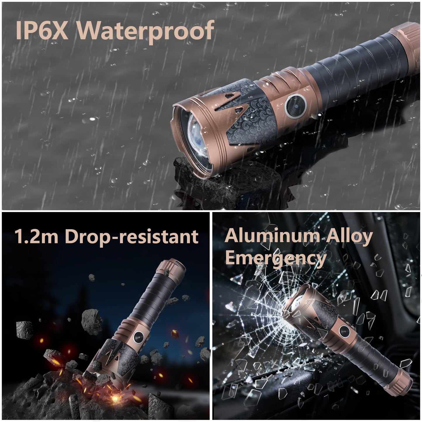 SKYFIRE Rechargeable Flashlight High Lumens with Ignition Lens,5000mAh Fire-Starting Tactical Flashlight,Emergency Survival Gear for Camping Outdoor,6Modes Waterproof Zoomable Small Flash Light