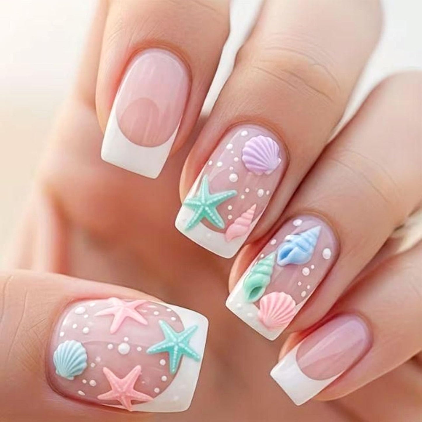 Summer Press on Nails Medium Square Fake Nails with Starfish Shell Dot Designs Glossy Nails Press ons White French Tip Glue on Nails Acrylic Artificial Stick on Nails for Women 24Pcs